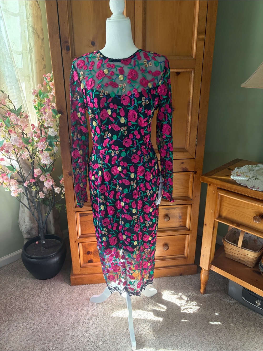 Dress The Population Floral Sheer Long Sleeve Midi Dress